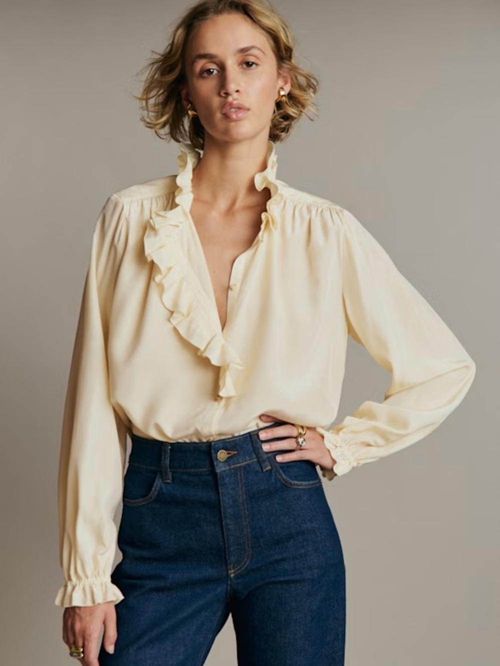 Sezane Hana Shirt Cream Ruffle Long Sleeve Blouse Viscose Silk